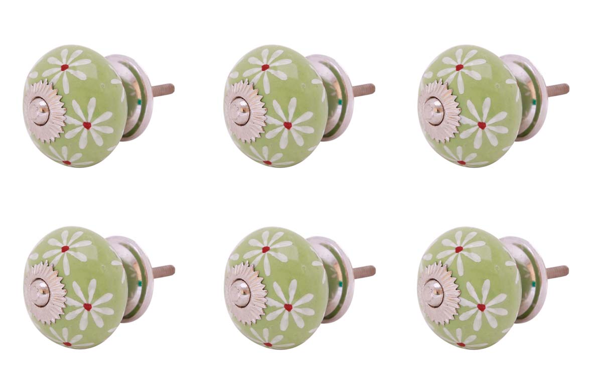 Bulk Wholesale Set of 6 Knobs in Ceramic & Metal with White Floral Patterns Handmade Round Green Color – Decorative Pulls for Drawers / Dressers – Kid’s Room Décor