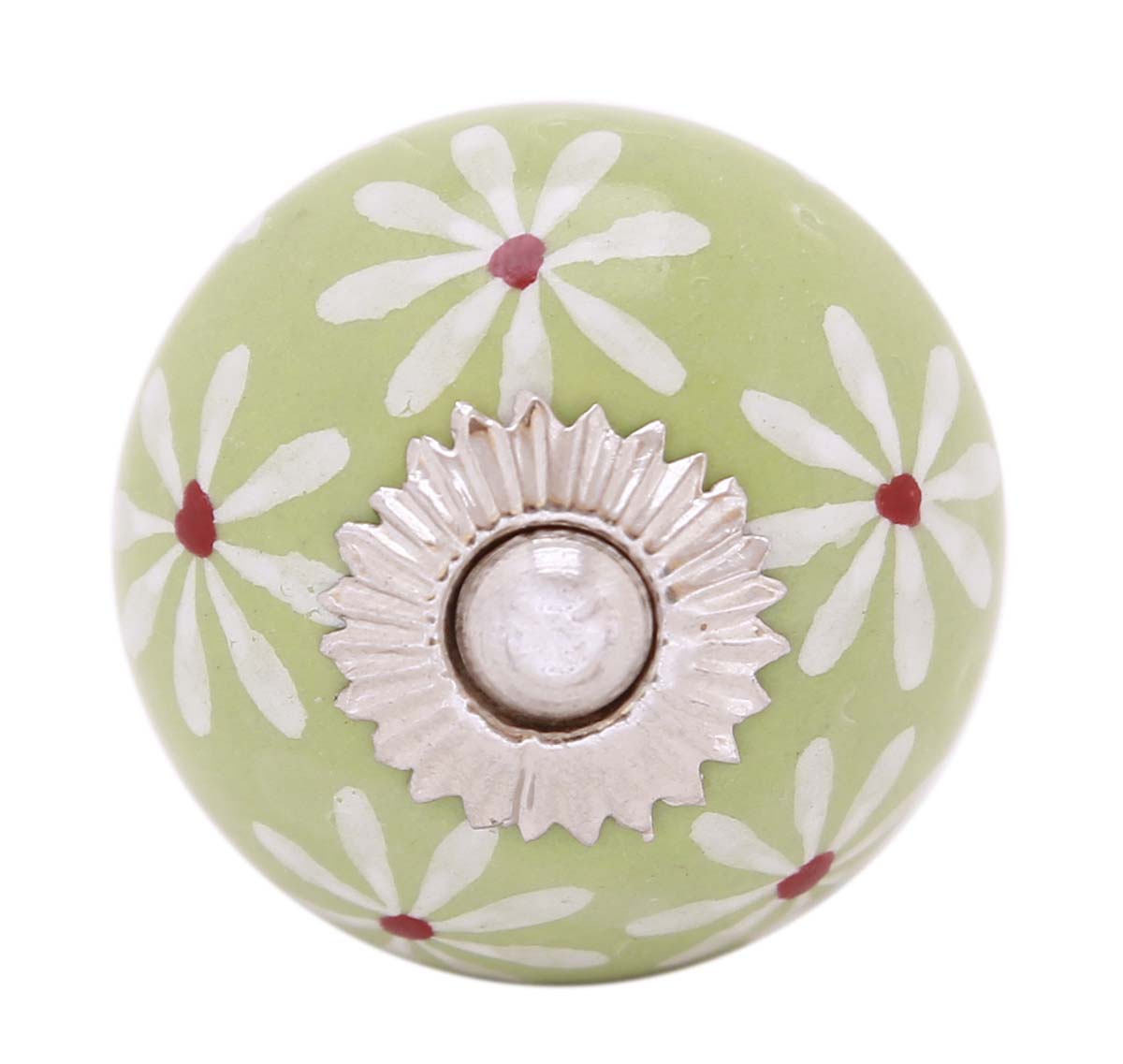 Bulk Wholesale Set of 6 Knobs in Ceramic & Metal with White Floral Patterns Handmade Round Green Color – Decorative Pulls for Drawers / Dressers – Kid’s Room Décor