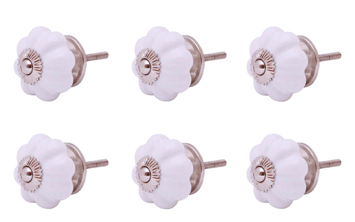Bulk Wholesale Set of 6 Handmade White Ceramic Knobs in Pumpkin Design – Decorative Pulls for Drawers / Dressers / Cabinets – Home Décor