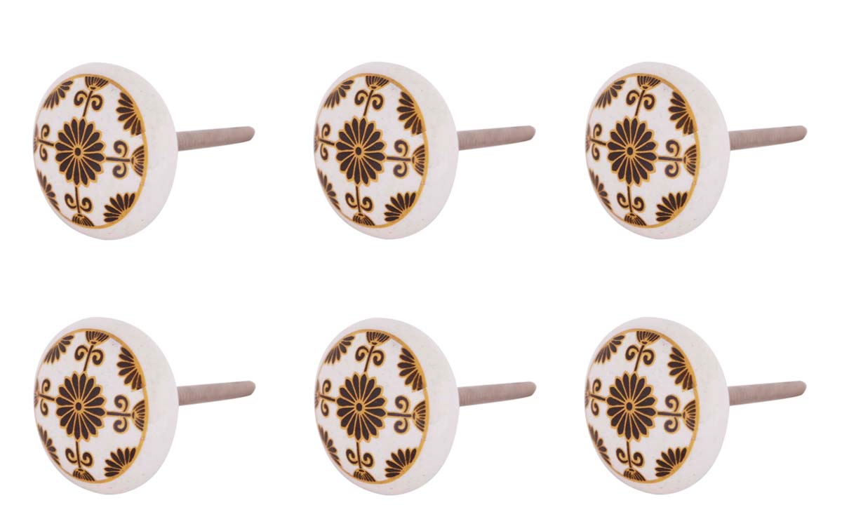 Bulk Wholesale Set of 6 Handmade White Ceramic Knobs / Pulls Adorned with Black & Yellow Traditional Motifs for Drawers / Dressers / Cabinets – Home Décor