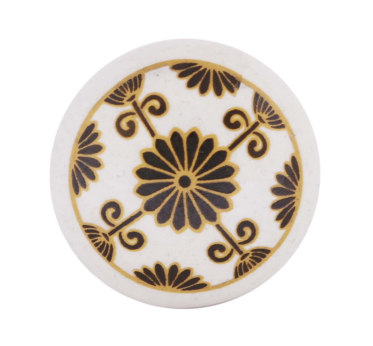 Bulk Wholesale Set of 6 Handmade White Ceramic Knobs / Pulls Adorned with Black & Yellow Traditional Motifs for Drawers / Dressers / Cabinets – Home Décor