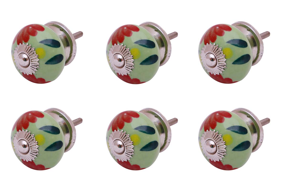 Bulk Wholesale Set of 6 Handmade Round Green Color Knobs in Ceramic & Metal with Colorful Floral & Leafy Patterns – Decorative Pulls for Drawers / Dressers – Home Décor