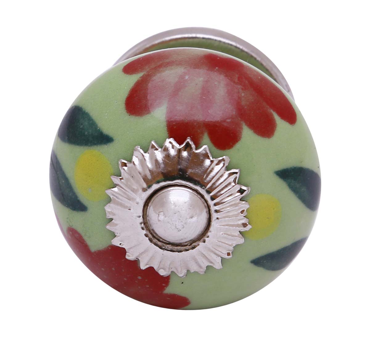 Bulk Wholesale Set of 6 Handmade Round Green Color Knobs in Ceramic & Metal with Colorful Floral & Leafy Patterns – Decorative Pulls for Drawers / Dressers – Home Décor