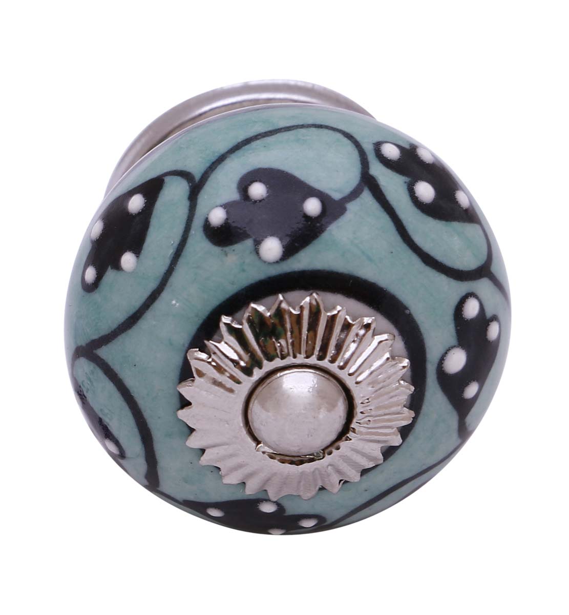 Bulk Wholesale Set of 6 Handmade Round Knobs / Pulls in Ceramic & Metal for Drawers / Dressers / Cabinets – Decorated with Black Traditional Patterns over Aqua-Green Color Base – Ethnic-Look Home Décor