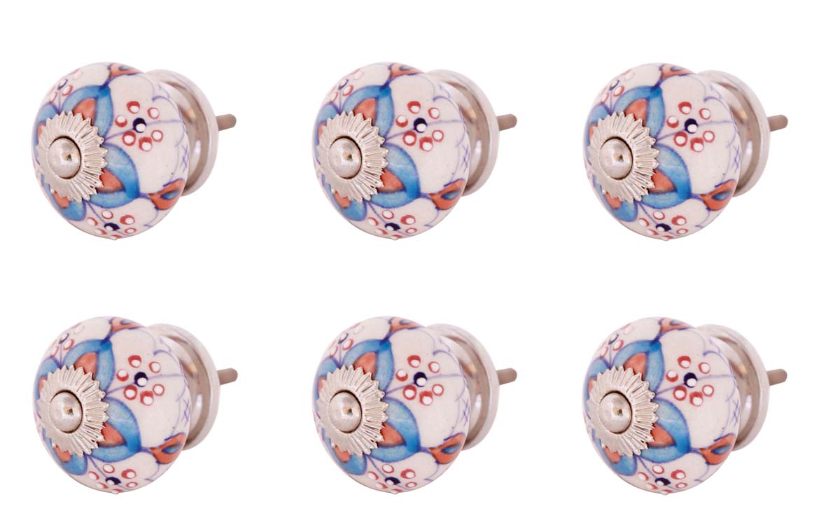 Bulk Wholesale Set of 6 Handmade Round Knobs / Pulls in Ceramic & Metal for Drawers / Dressers / Cabinets – Decorated with Colorful Floral Patterns over White Base – Ethnic-Look Home Décor