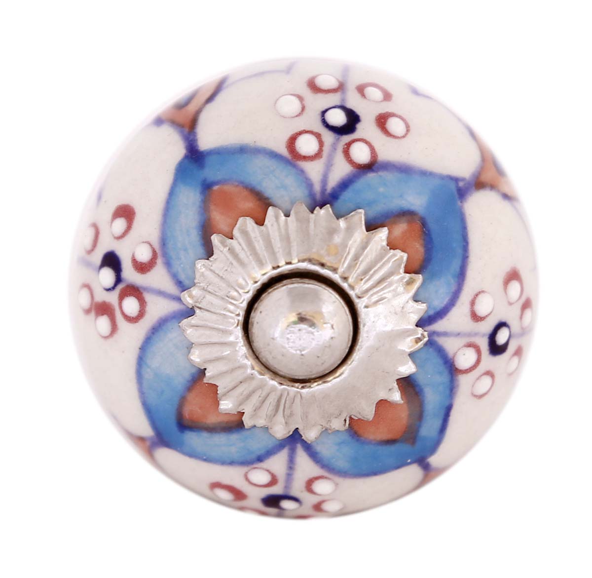 Bulk Wholesale Set of 6 Handmade Round Knobs / Pulls in Ceramic & Metal for Drawers / Dressers / Cabinets – Decorated with Colorful Floral Patterns over White Base – Ethnic-Look Home Décor