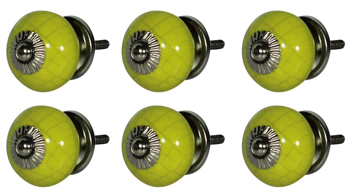 Bulk Wholesale Set of 6 Handmade Antique-Look Drawer Knobs / Pulls in Ceramic with Crackled Effect in Neon Yellow Color - Decorative Handles for Drawers / Cabinets / Doors / Cup-Boards – Home Décor