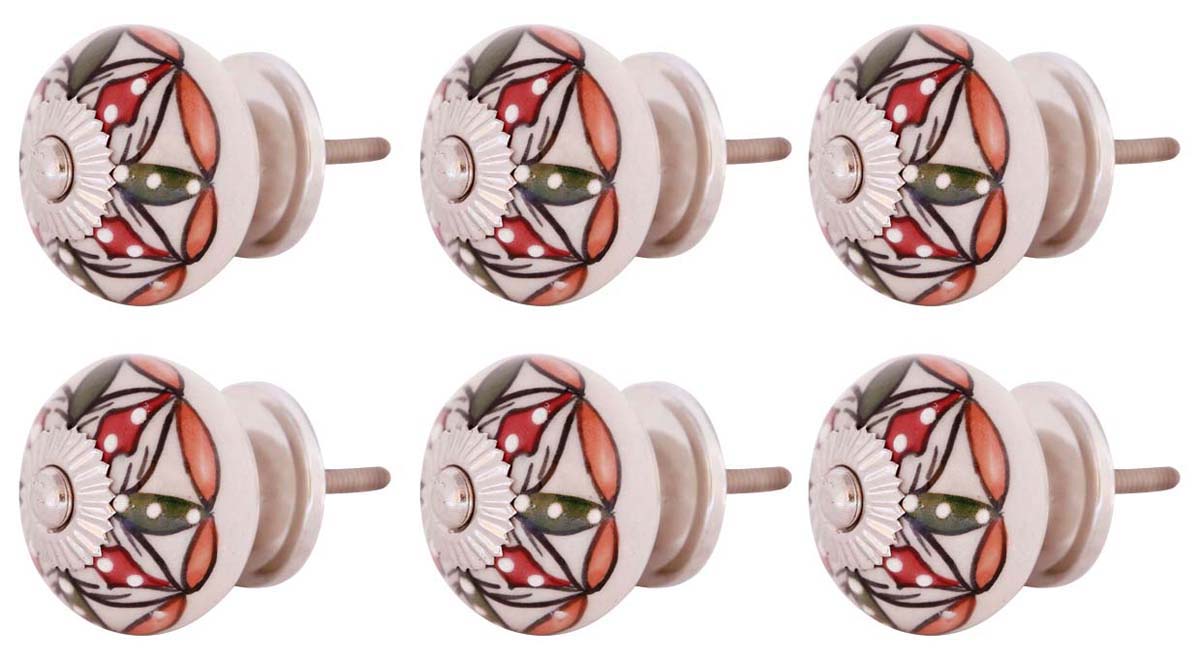 Bulk Wholesale Set of 6 Handmade Round Knobs / Pulls in Ceramic & Metal for Drawers / Dressers / Cabinets – Decorated with Colorful Traditional Patterns over White Base – Ethnic-Look Home Décor