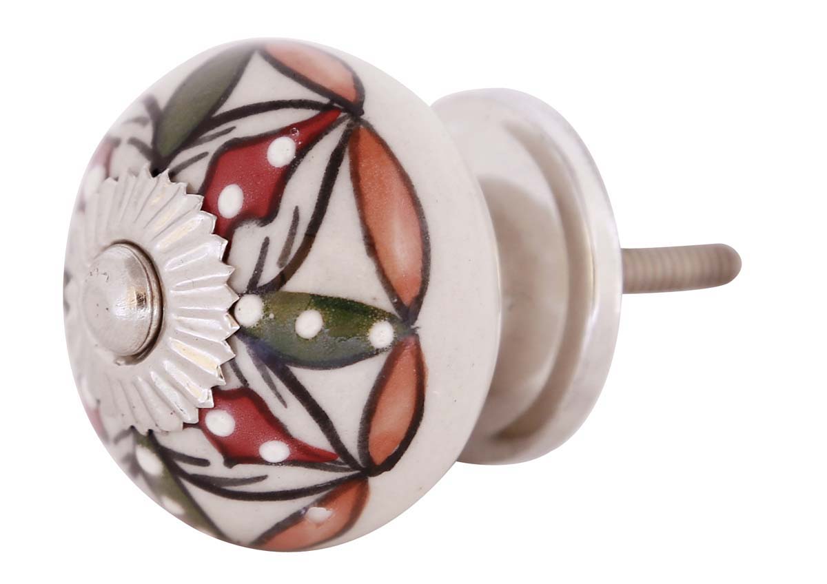 Bulk Wholesale Set of 6 Handmade Round Knobs / Pulls in Ceramic & Metal for Drawers / Dressers / Cabinets – Decorated with Colorful Traditional Patterns over White Base – Ethnic-Look Home Décor