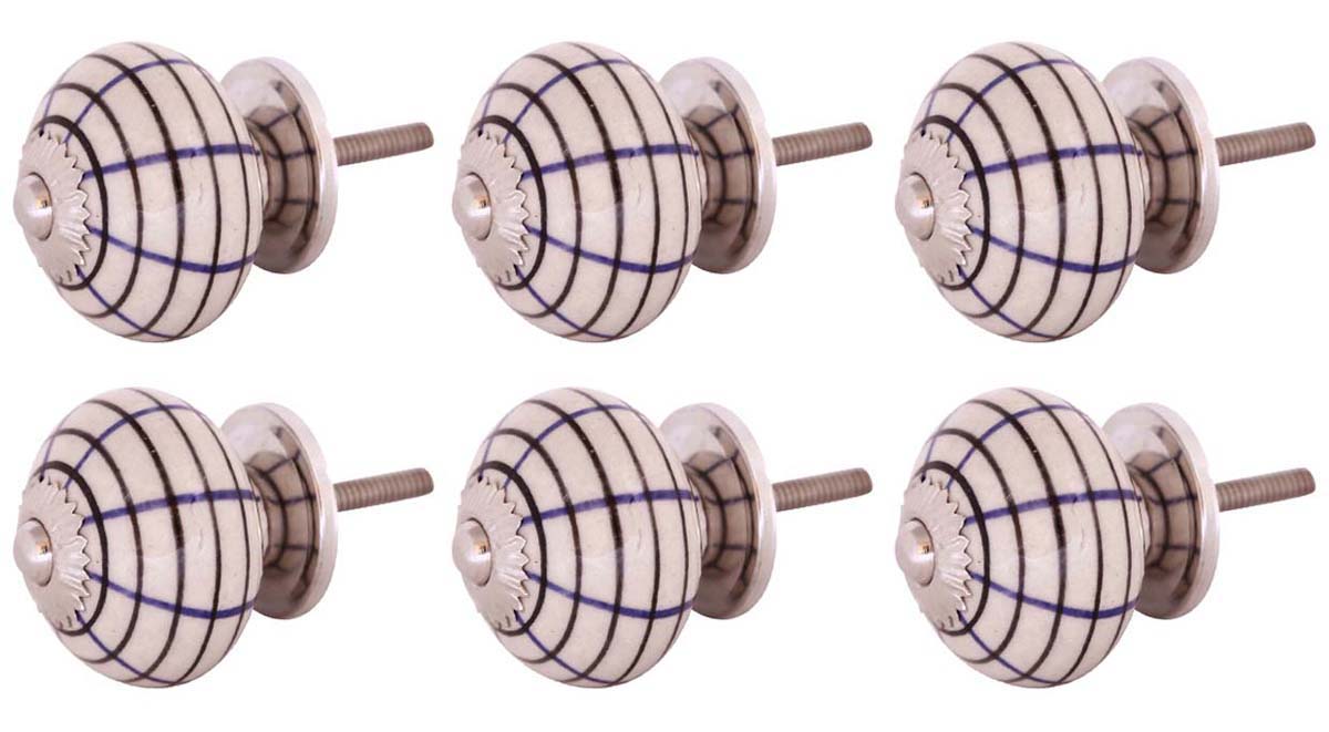 Bulk Wholesale Seto of  6 Handmade Round White Knobs / Pulls in Ceramic & Metal for Drawers / Dressers / Cabinets – Decorated with Blue & Black Circular Patterns – Home Décor