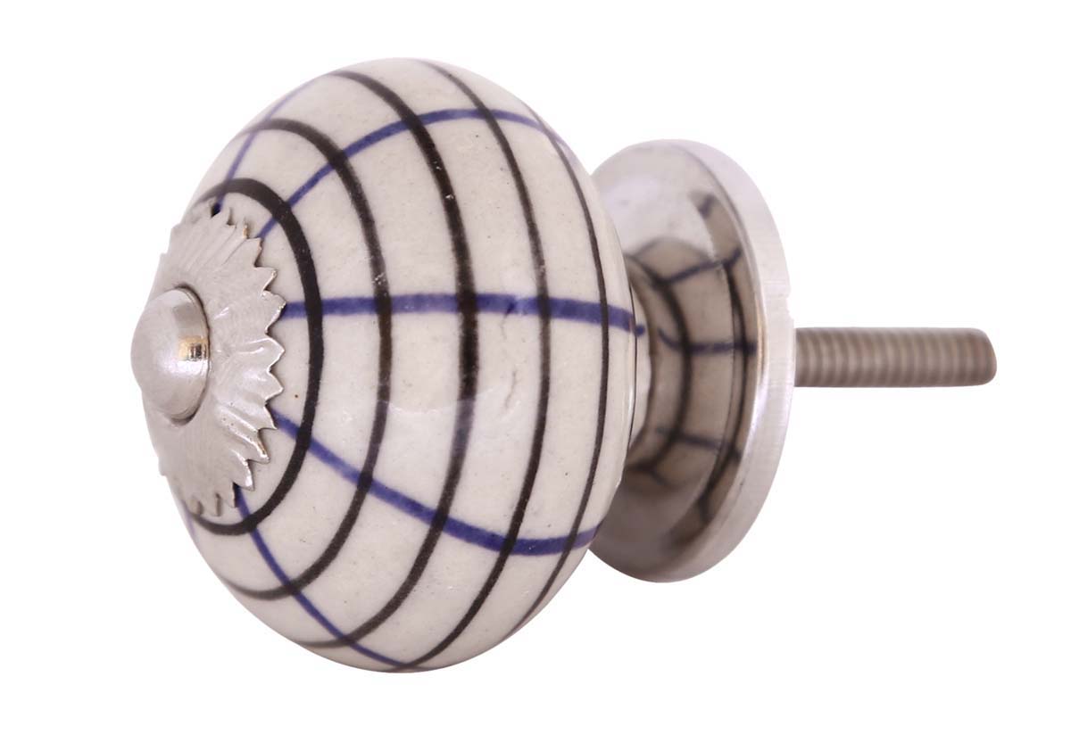 Bulk Wholesale Seto of  6 Handmade Round White Knobs / Pulls in Ceramic & Metal for Drawers / Dressers / Cabinets – Decorated with Blue & Black Circular Patterns – Home Décor