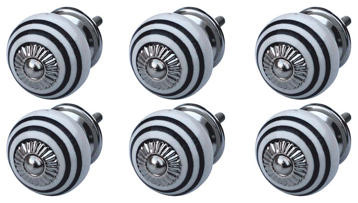 Bulk Wholesale Set of 6 Handmade Round White Knobs / Pulls in Ceramic & Metal for Drawers / Dressers / Cabinets – Decorated with Thick Black Circular Patterns – Home Décor