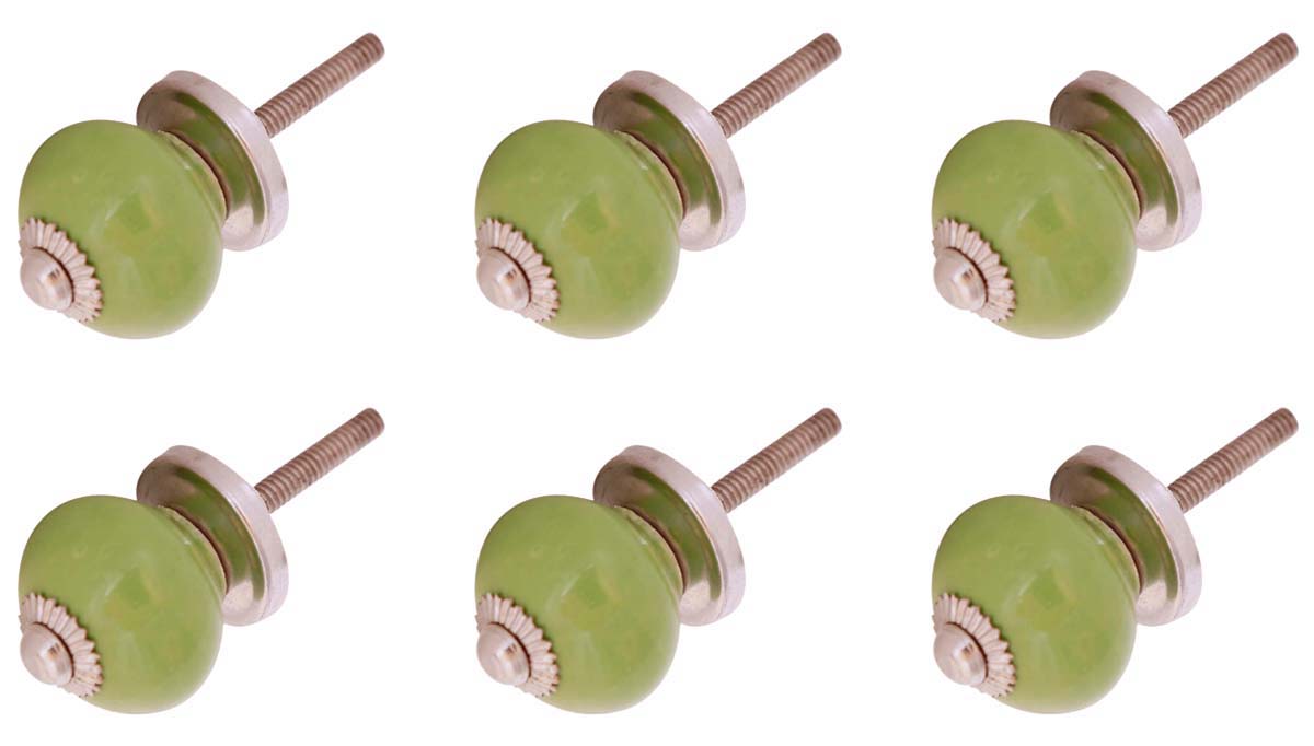Bulk Wholesale Set of 6 Handmade Round Green Color Knobs / Pulls in Ceramic & Metal – Decorative Handles for Drawers / Dressers / Cabinets – Home Décor