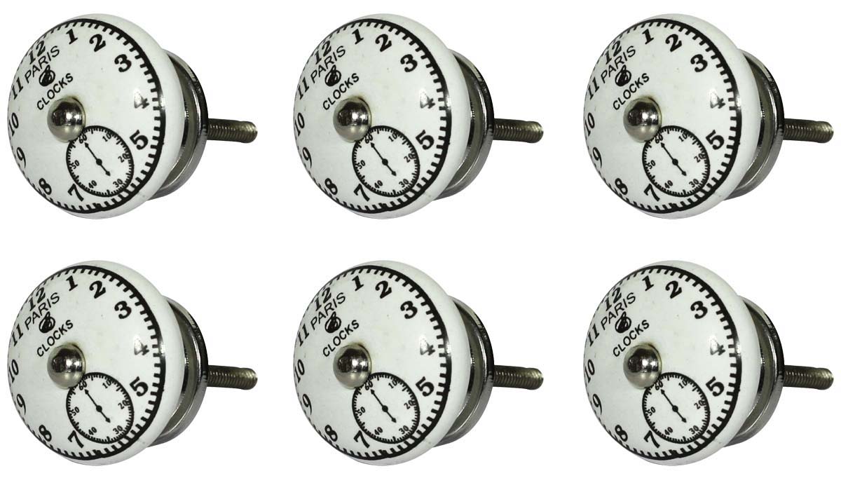 Bulk Wholesale Set of 6 Handmade Antique-Look Round Knobs / Pulls  with Clock Design in Ceramic & Metal – Decorative Handles for Drawers / Dressers / Cabinets – Home Décor