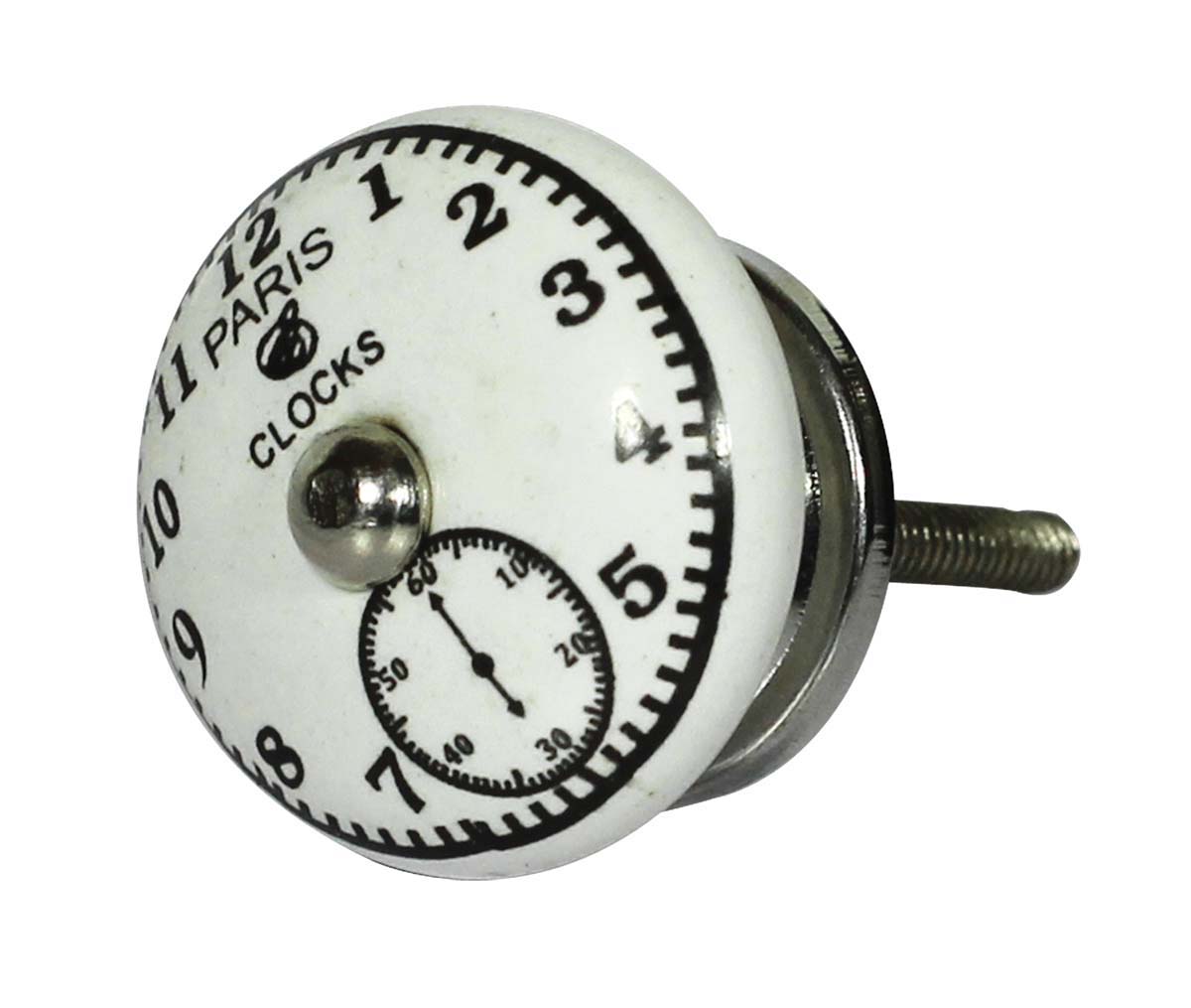 Bulk Wholesale Set of 6 Handmade Antique-Look Round Knobs / Pulls  with Clock Design in Ceramic & Metal – Decorative Handles for Drawers / Dressers / Cabinets – Home Décor