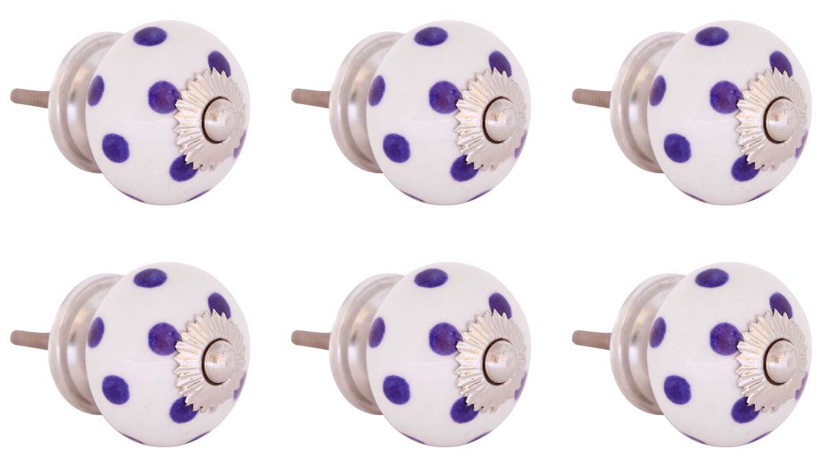 Bulk Wholesale Set of 6 Handmade Round White Knobs / Pulls in Ceramic & Metal – Decorated with Blue Dots – Decorative Handles for Drawers / Dressers / Cabinets – Home Décor