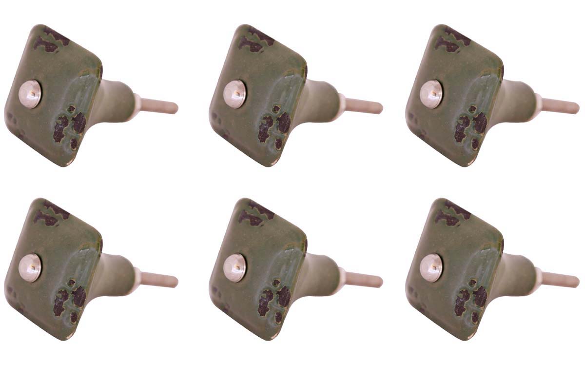 Bulk Wholesale Set of 6 Handmade Square-Shaped Ceramic Knobs  in Green Color with Unfinished-Look – Antique-Look Pulls for Drawers / Dressers / Cabinets – Home Décor