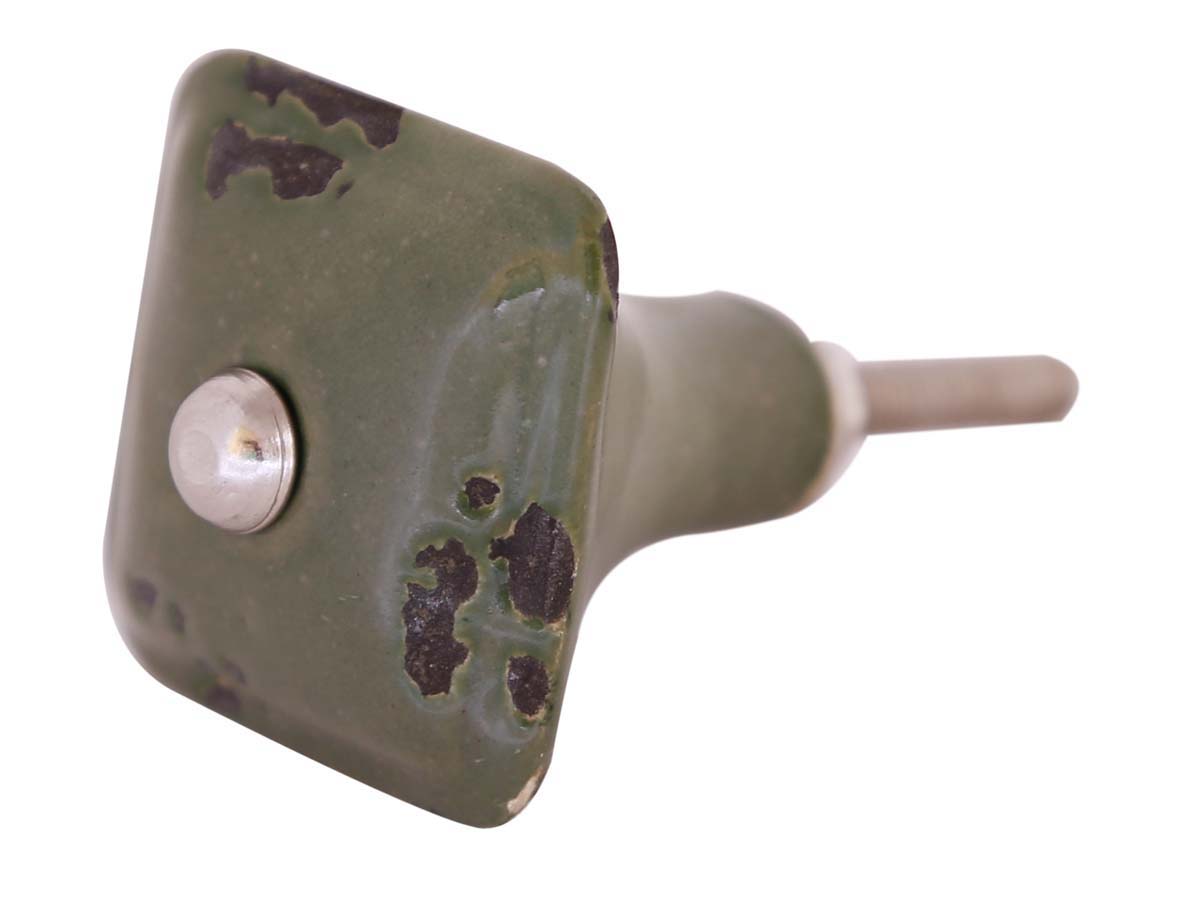 Bulk Wholesale Set of 6 Handmade Square-Shaped Ceramic Knobs  in Green Color with Unfinished-Look – Antique-Look Pulls for Drawers / Dressers / Cabinets – Home Décor