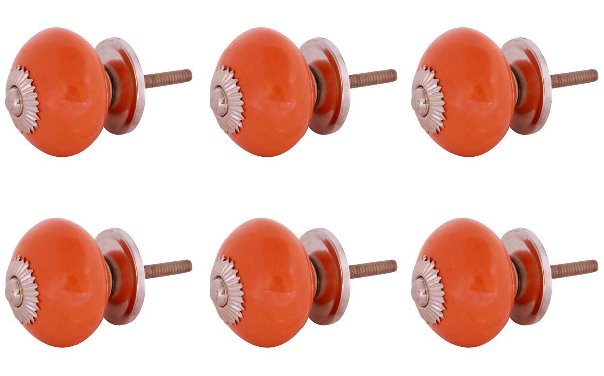 Bulk Wholesale Set of 6 Handmade Round Orange Color Knobs / Pulls  in Ceramic & Metal – Decorative Handles for Drawers / Dressers / Cabinets – Home Décor