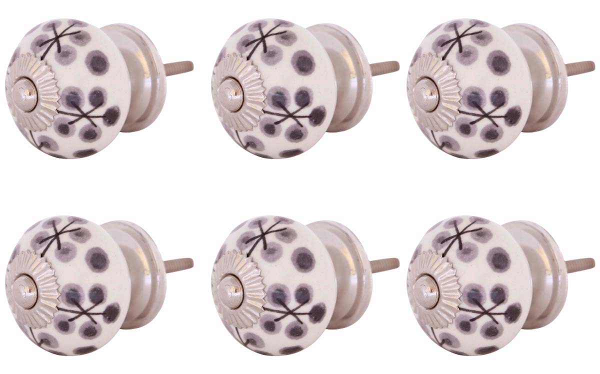Bulk Wholesale Set of 6 Handmade Round White Knobs / Pulls  in Ceramic & Metal for Drawers / Dressers / Cabinets – Decorated in Grey & Black with Dotted Patterns & Lines – Home Décor