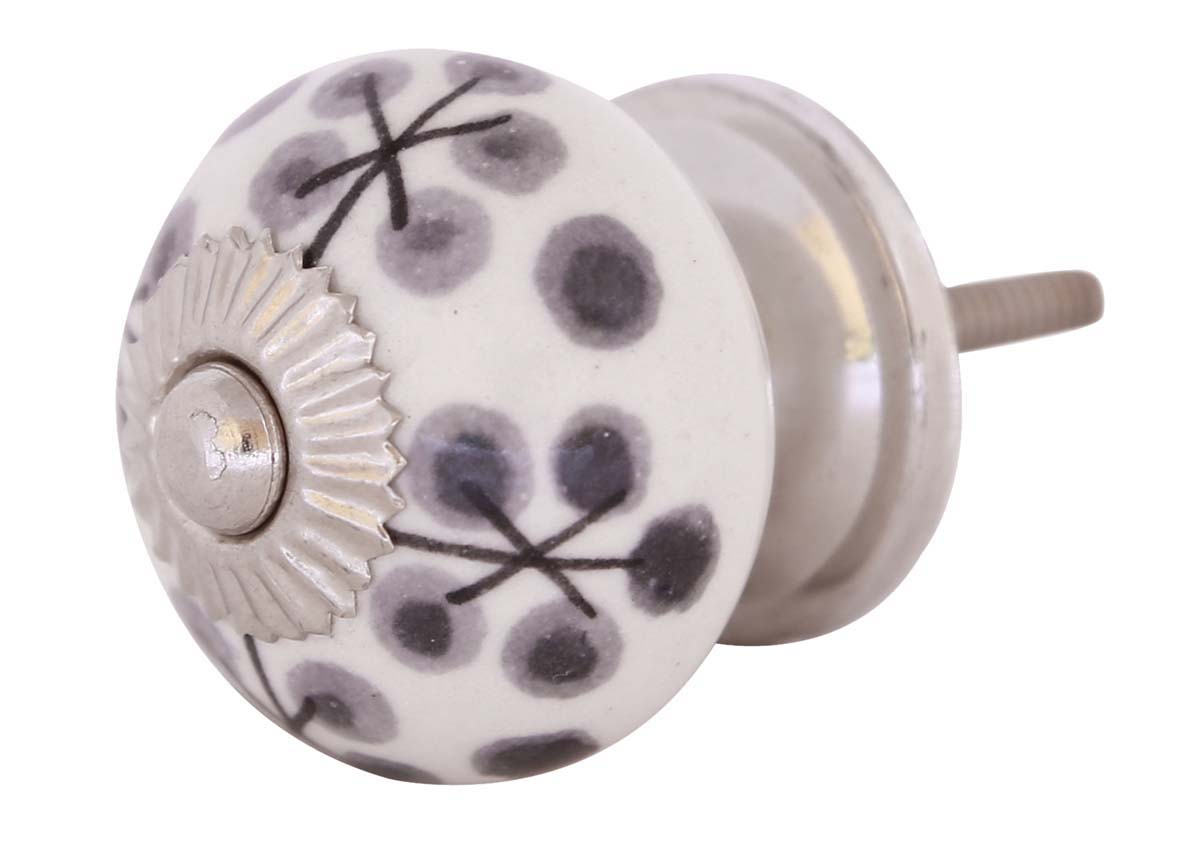 Bulk Wholesale Set of 6 Handmade Round White Knobs / Pulls  in Ceramic & Metal for Drawers / Dressers / Cabinets – Decorated in Grey & Black with Dotted Patterns & Lines – Home Décor