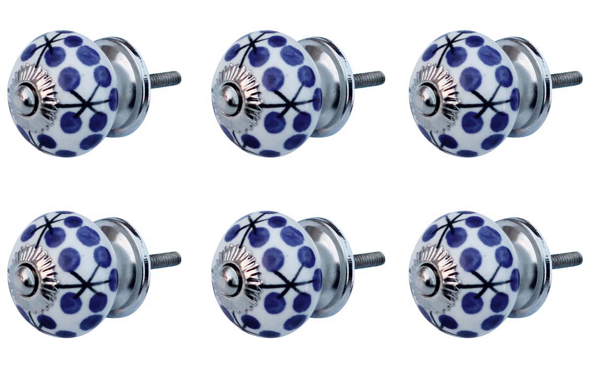 Bulk Wholesale Set of 6 Handmade Round White Knobs / Pulls  in Ceramic & Metal for Drawers / Dressers / Cabinets – Decorated in Blue & Black with Dotted Patterns & Lines – Ethnic-Look Home Décor
