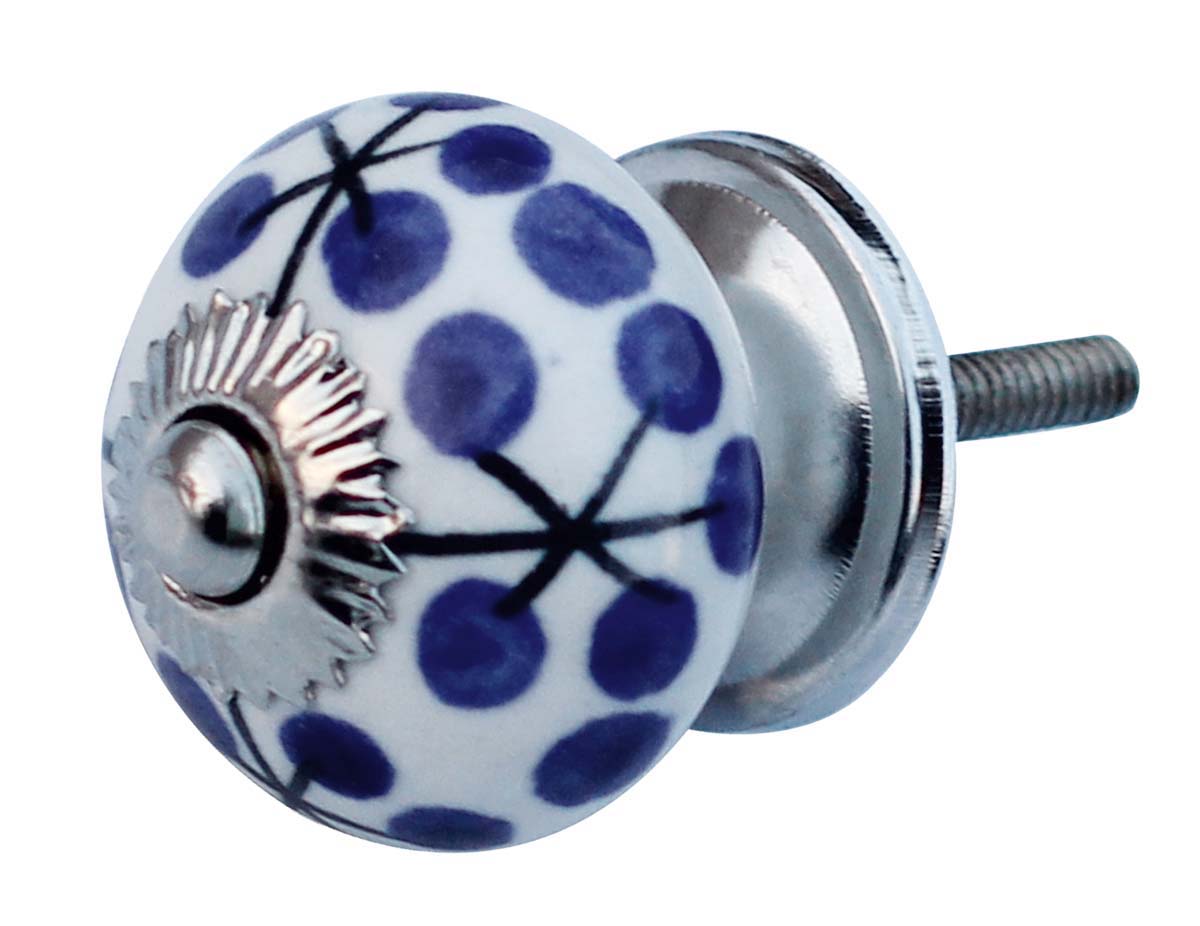 Bulk Wholesale Set of 6 Handmade Round White Knobs / Pulls  in Ceramic & Metal for Drawers / Dressers / Cabinets – Decorated in Blue & Black with Dotted Patterns & Lines – Ethnic-Look Home Décor