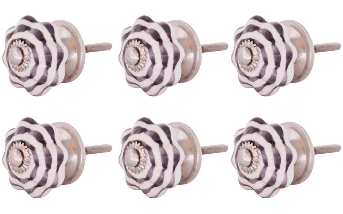 Bulk Wholesale Set of 6 Handmade Ceramic Knobs  in Pumpkin Design – Adorned with Grey Circular Patterns over a White Base – Decorative Pulls for Drawers / Dressers / Cabinets – Home Décor