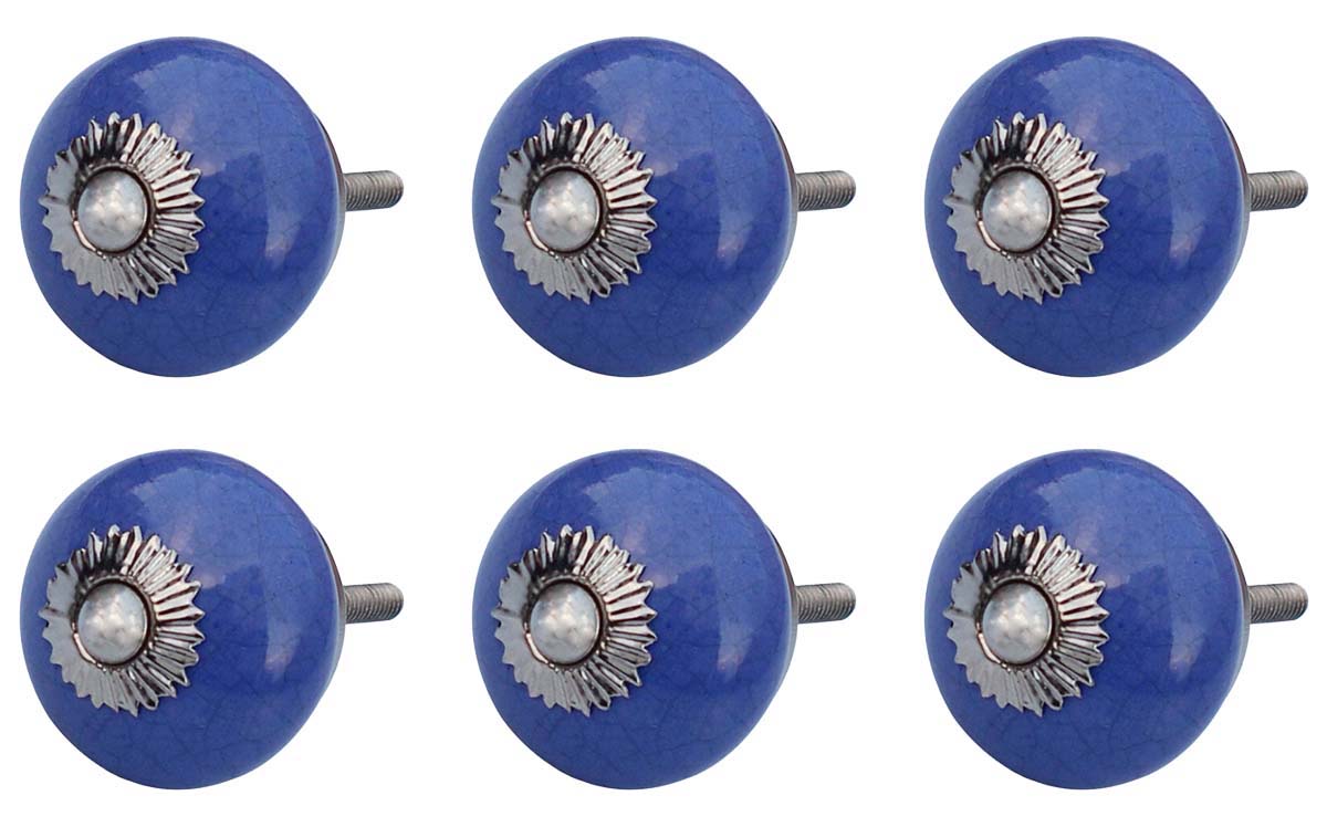 Bulk Wholesale Set of 6 Handmade Blue Color Drawer Knobs / Pulls in Ceramic with Crackled Effect - Decorative Handles for Cabinets / Drawers / Doors / Cup-Boards – Home Décor
