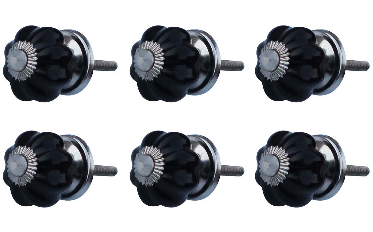 Bulk Wholesale Set of 6 Handmade Black Color Ceramic Knobs  in Pumpkin Design – Decorative Pulls for Drawers / Dressers / Cabinets – Home Décor