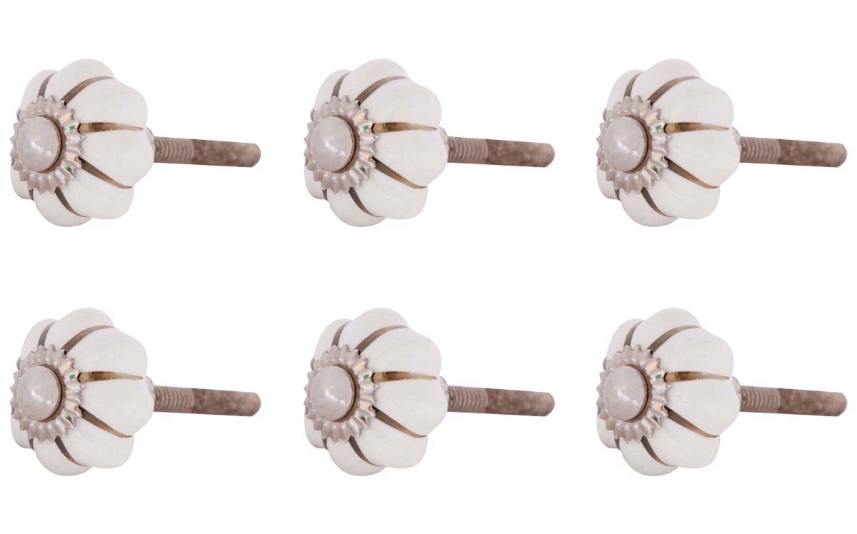 Bulk Wholesale Set of 6 Handmade Antique-Look White Knobs  in Pumpkin Design– Decorative Pulls for Drawers / Dressers / Cabinets – Home Décor