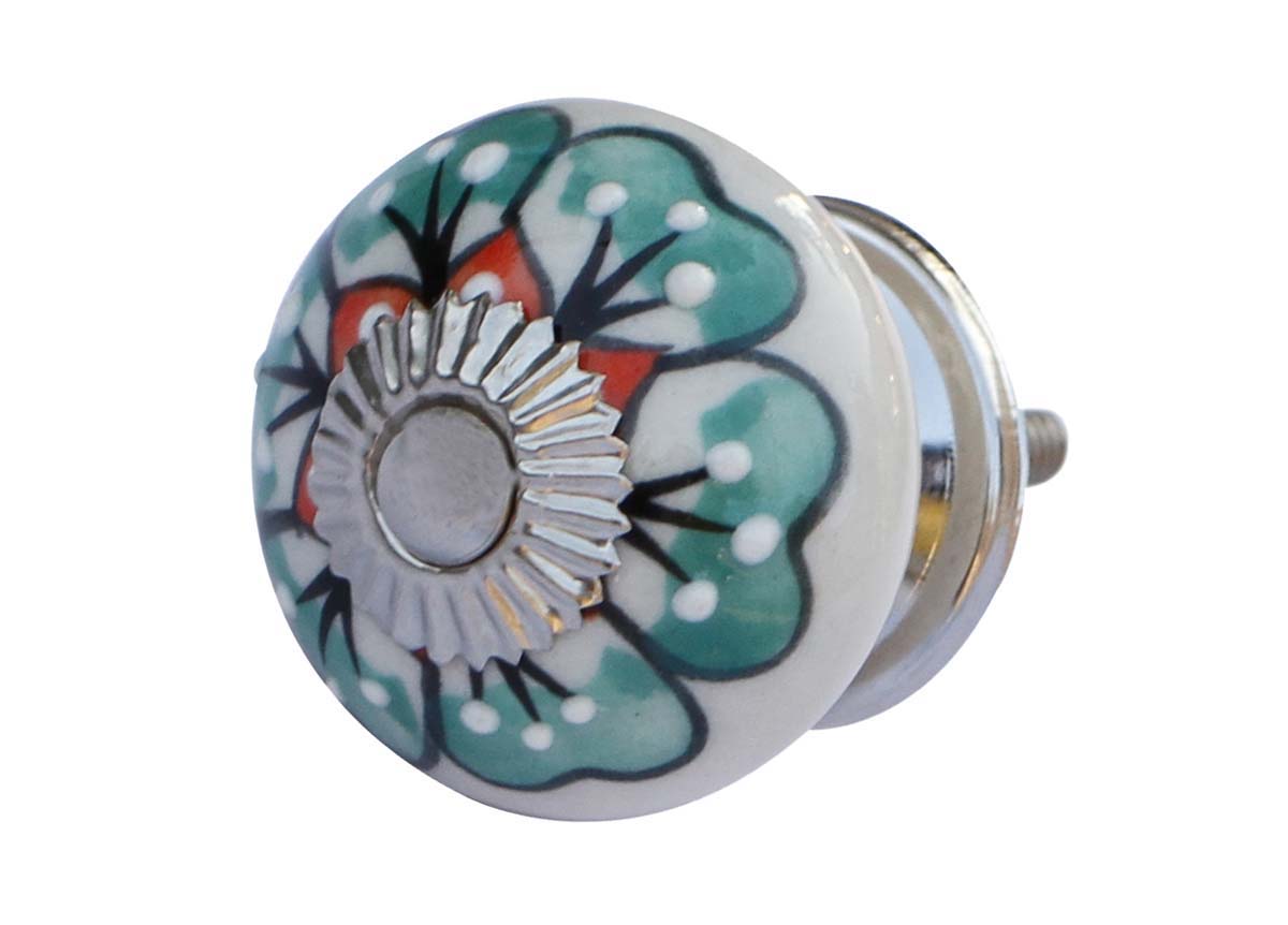 Bulk Wholesale Set of 6 Handmade Round Knobs / Pulls  in Ceramic & Metal for Drawers / Dressers / Cabinets – Decorated with Colorful Traditional Patterns over White Base – Ethnic-Look Home Décor