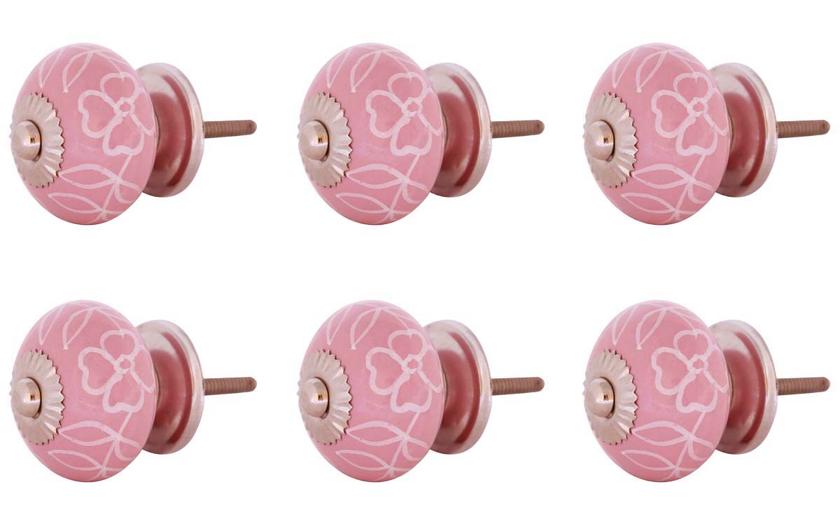 Bulk Wholesale Set of 6 Handmade Round Pink Color Knobs  in Ceramic & Metal with White Floral Patterns – Decorative Pulls for Drawers / Dressers – Kid’s Room Décor