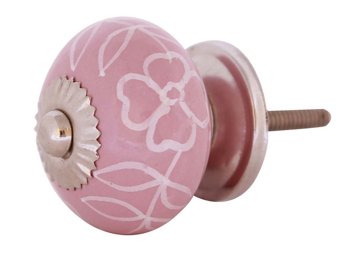 Bulk Wholesale Set of 6 Handmade Round Pink Color Knobs  in Ceramic & Metal with White Floral Patterns – Decorative Pulls for Drawers / Dressers – Kid’s Room Décor
