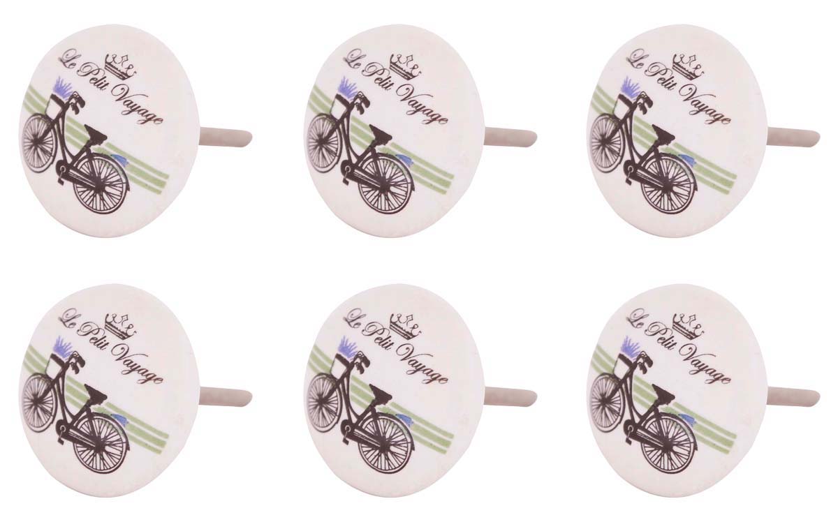 Bulk Wholesale Set of 6 Knobs / Pulls in Ceramic with Cycle Design Handmade Vintage-Look Round – Decorative Handles for Drawers / Dressers / Cabinets – Home Décor