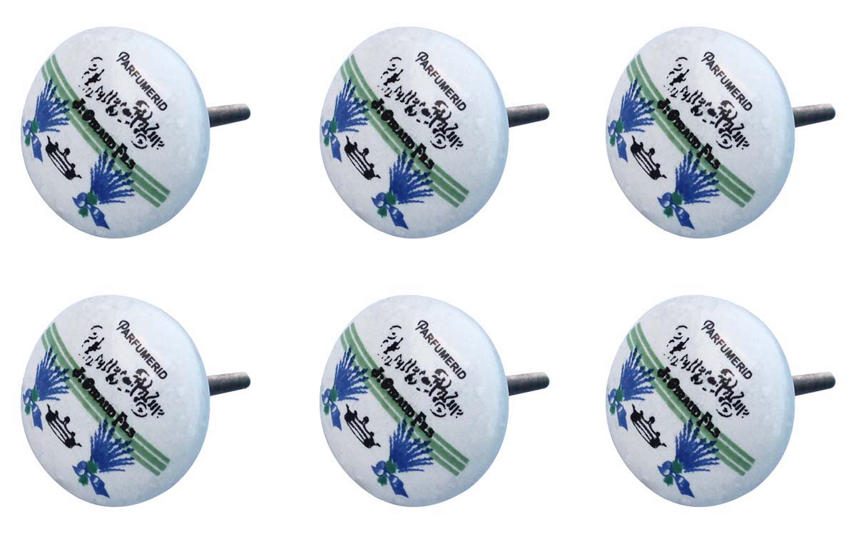 Bulk Wholesale Set of 6 Handmade Vintage-Look Round Knobs / Pulls in Ceramic with Blue Orchids Bouquet Design – Decorative Handles for Drawers / Dressers / Cabinets – Home Décor