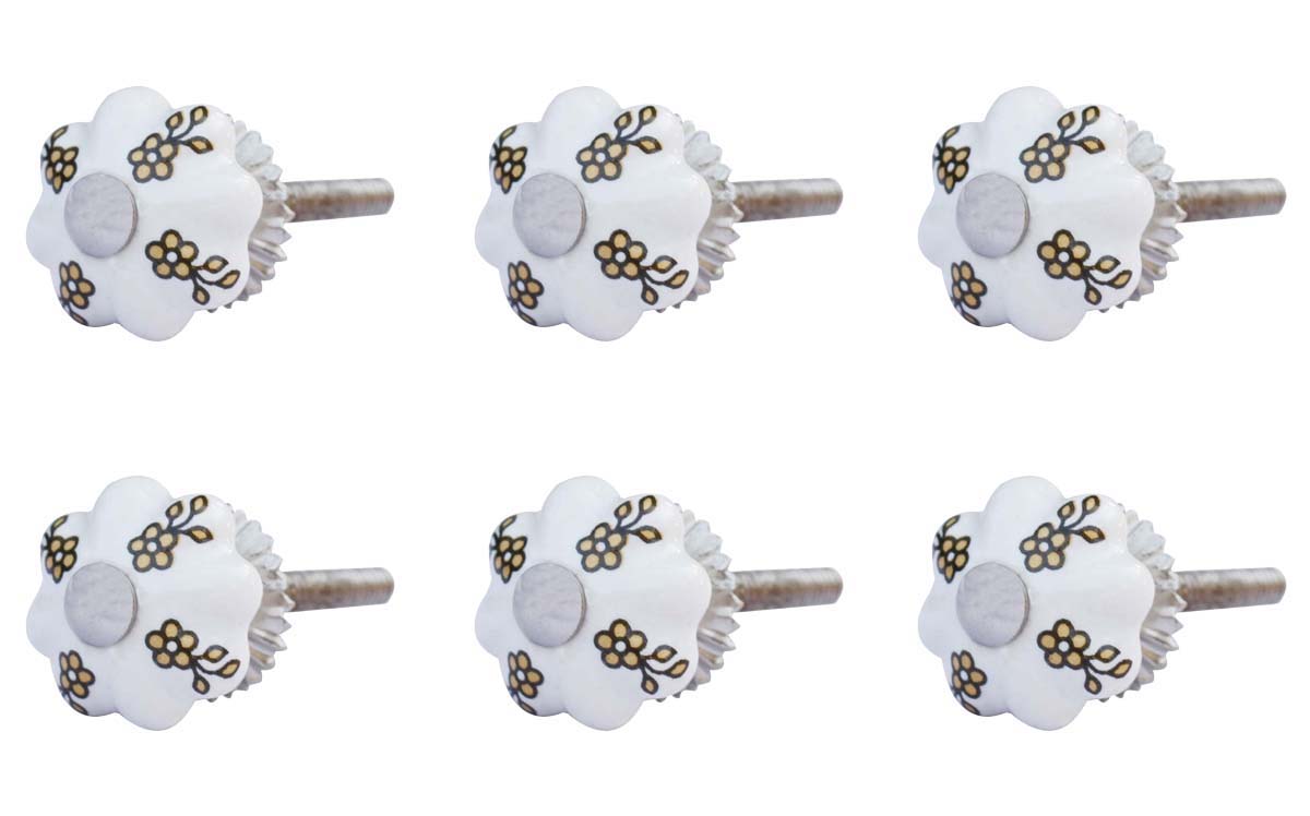 Bulk Wholesale Set of 6 Handmade Pumpkin Shaped Knobs / Pulls in Ceramic & Metal for Drawers / Dressers / Cabinets – Decorated with Floral Patterns in Orange & Black over White Base – Home Décor
