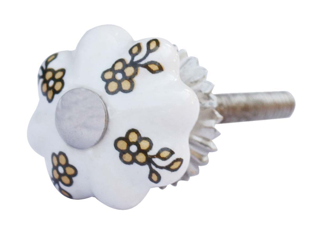 Bulk Wholesale Set of 6 Handmade Pumpkin Shaped Knobs / Pulls in Ceramic & Metal for Drawers / Dressers / Cabinets – Decorated with Floral Patterns in Orange & Black over White Base – Home Décor