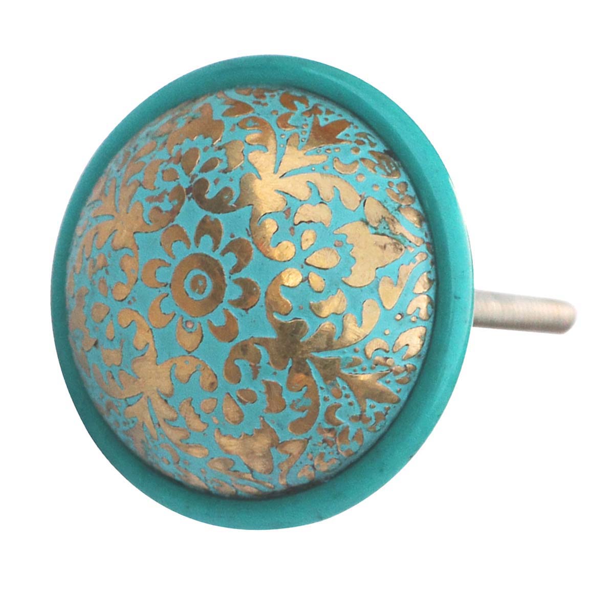 Bulk Wholesale Set of 6 Knobs in Green Color Handmade Ceramic Round Shaped – Decorated with Traditional Motifs in Golden Color – Stylish Pulls for Drawers / Dressers / Cabinets – Home Décor