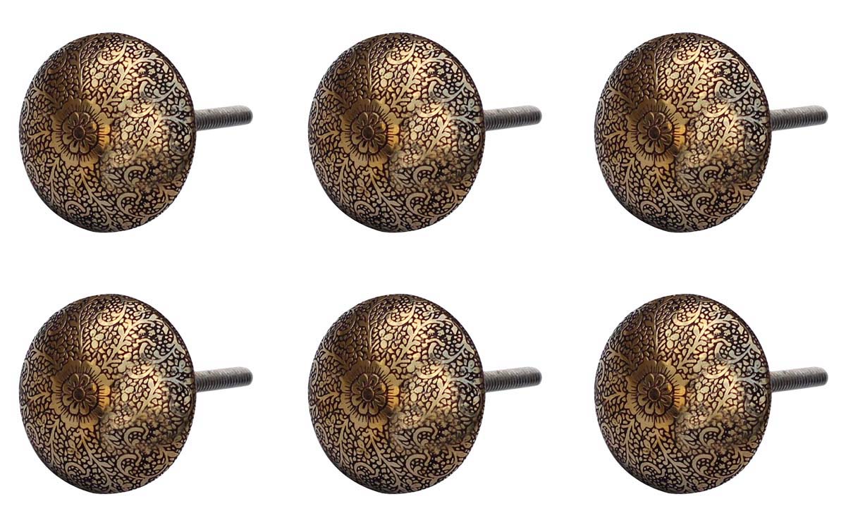 Bulk Wholesale Set of 6 Handmade Antique-Look Round Knobs in Metal – Adorned with Intricate Floral Patterns in Golden Color – Decorative Pulls for Drawers / Dressers / Cabinets – Home Décor
