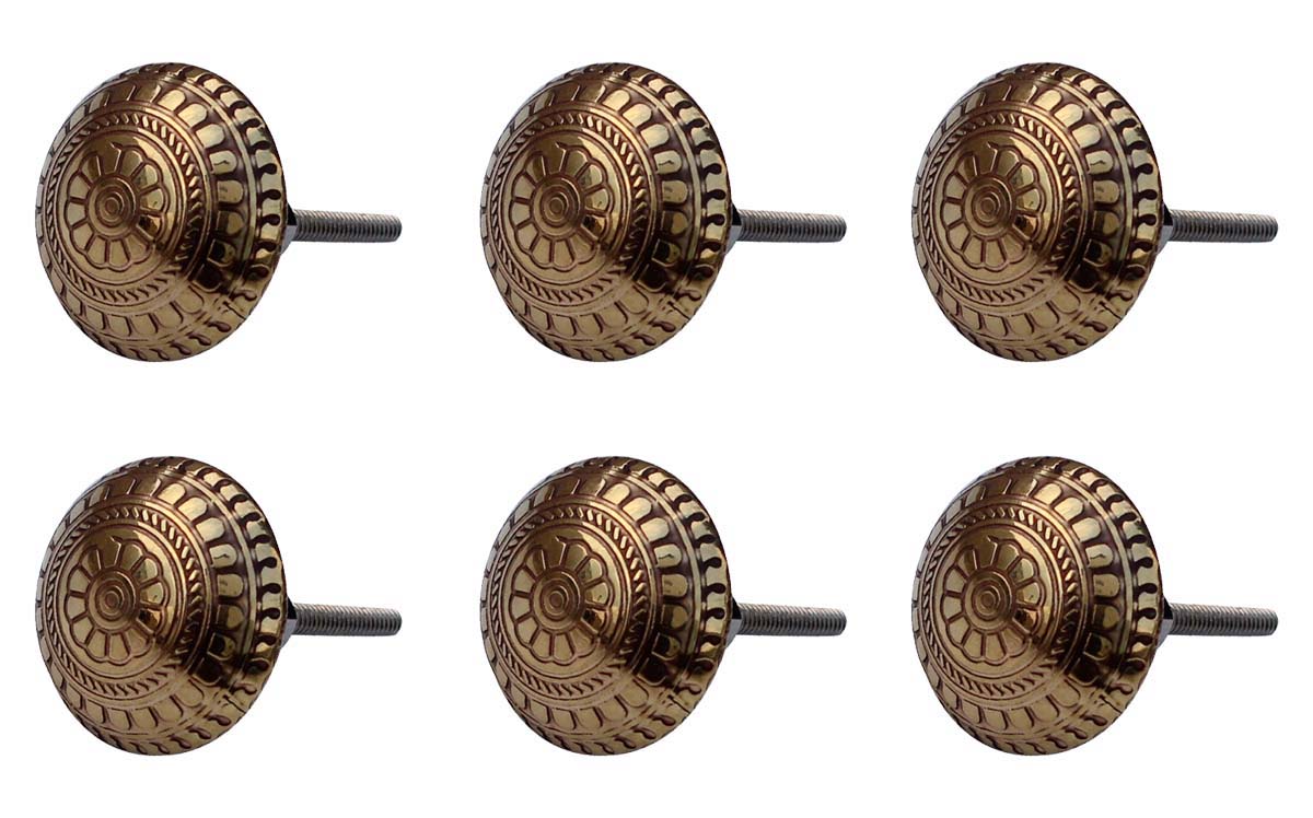 Bulk Wholesale Set of 6 Handmade Antique-Look Round Knobs in Golden Finish – Adorned with Traditional Motifs – Decorative Pulls for Drawers / Dressers / Cabinets – Home Décor
