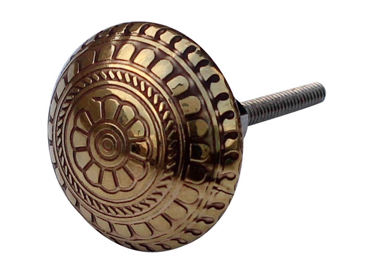 Bulk Wholesale Set of 6 Handmade Antique-Look Round Knobs in Golden Finish – Adorned with Traditional Motifs – Decorative Pulls for Drawers / Dressers / Cabinets – Home Décor