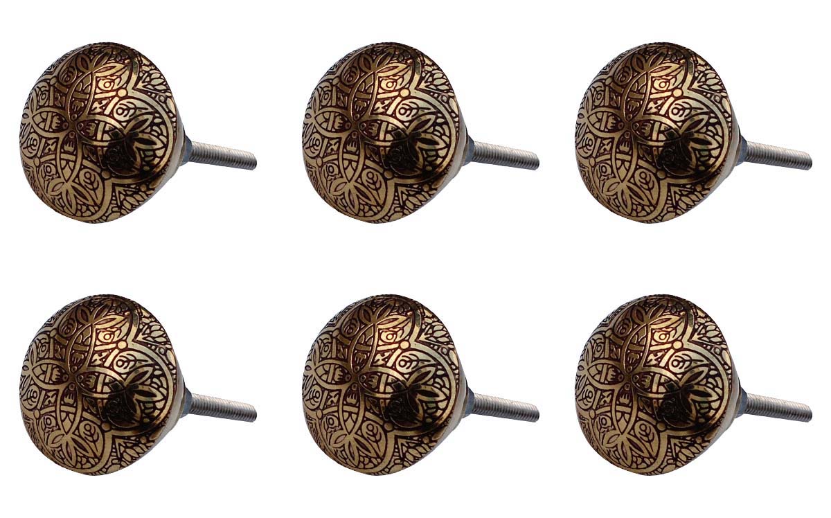 Bulk Wholesale Set of 6 Metal Knobs Handmade Antique-Look Round Adorned with Intricate Traditional Motifs in Golden Color – Decorative Pulls for Drawers / Dressers / Cabinets – Home Décor