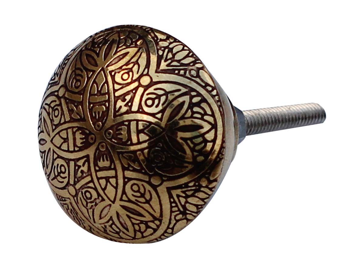 Bulk Wholesale Set of 6 Metal Knobs Handmade Antique-Look Round Adorned with Intricate Traditional Motifs in Golden Color – Decorative Pulls for Drawers / Dressers / Cabinets – Home Décor