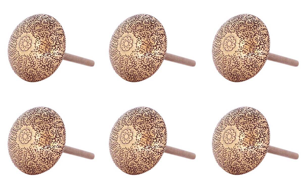 Bulk Wholesale Set of  6 Handmade Antique-Look Round Knobs in Metal – Adorned with Intricate Floral Patterns in Golden Color – Decorative Pulls for Dressers / Drawers / Cabinets – Home Décor