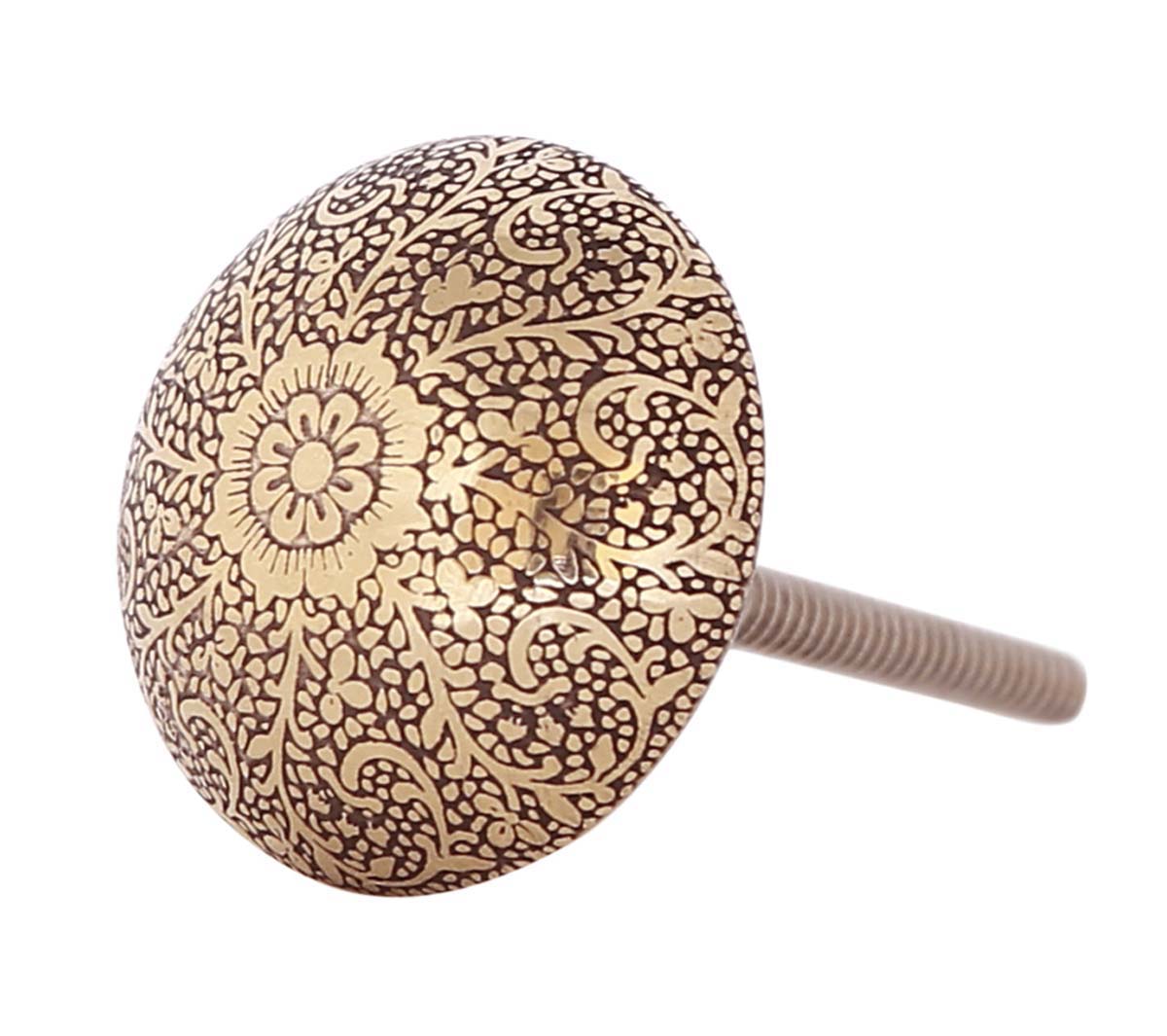 Bulk Wholesale Set of  6 Handmade Antique-Look Round Knobs in Metal – Adorned with Intricate Floral Patterns in Golden Color – Decorative Pulls for Dressers / Drawers / Cabinets – Home Décor