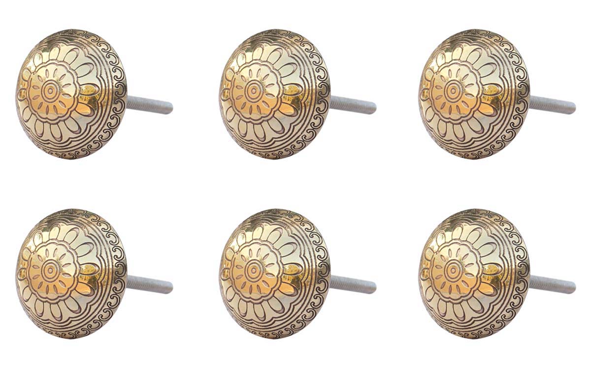 Bulk Wholesale Set of 6 Handmade Antique-Look Round Knobs in Golden Finish – Adorned with Traditional Motifs – Decorative Pulls for Cabinets / Drawers / Dressers – Home Décor