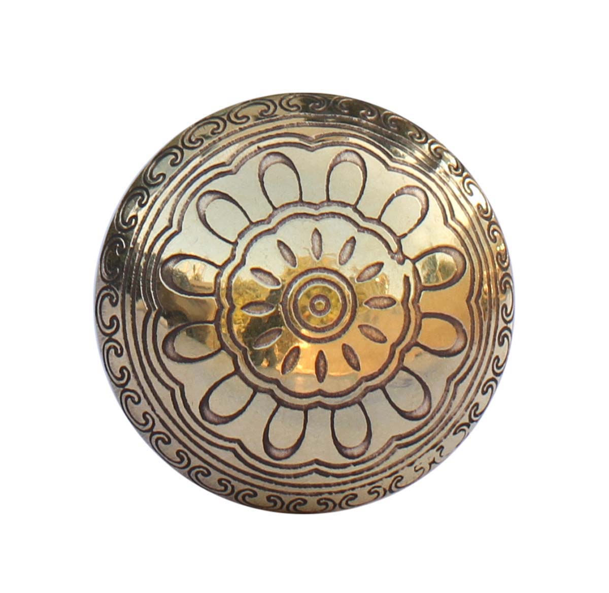 Bulk Wholesale Set of 6 Handmade Antique-Look Round Knobs in Golden Finish – Adorned with Traditional Motifs – Decorative Pulls for Cabinets / Drawers / Dressers – Home Décor