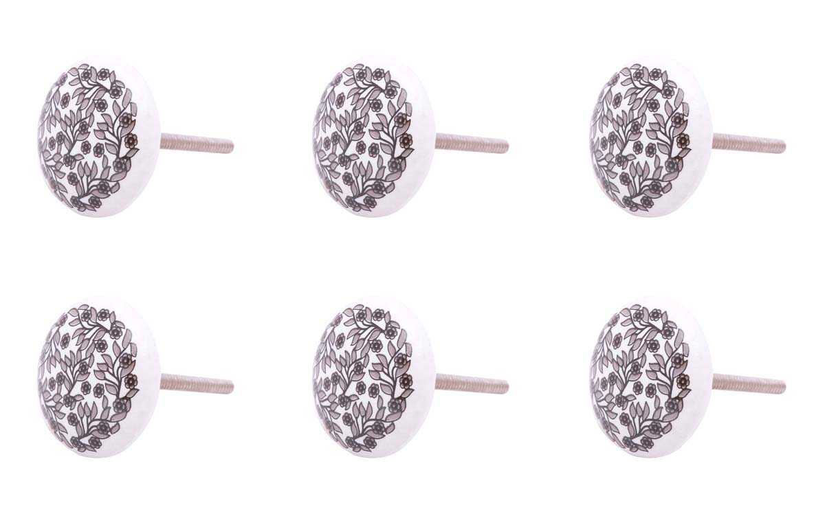 Bulk Wholesale Set of 6 Handmade Ceramic Round Shaped Knob in White Color – Decorated with Floral Motifs in Black & Grey Color – Stylish Pulls for Drawers / Dressers / Cabinets – Home Décor