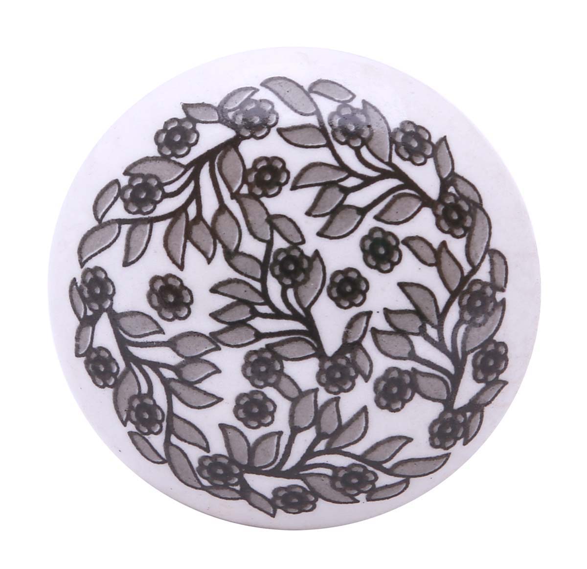Bulk Wholesale Set of 6 Handmade Ceramic Round Shaped Knob in White Color – Decorated with Floral Motifs in Black & Grey Color – Stylish Pulls for Drawers / Dressers / Cabinets – Home Décor